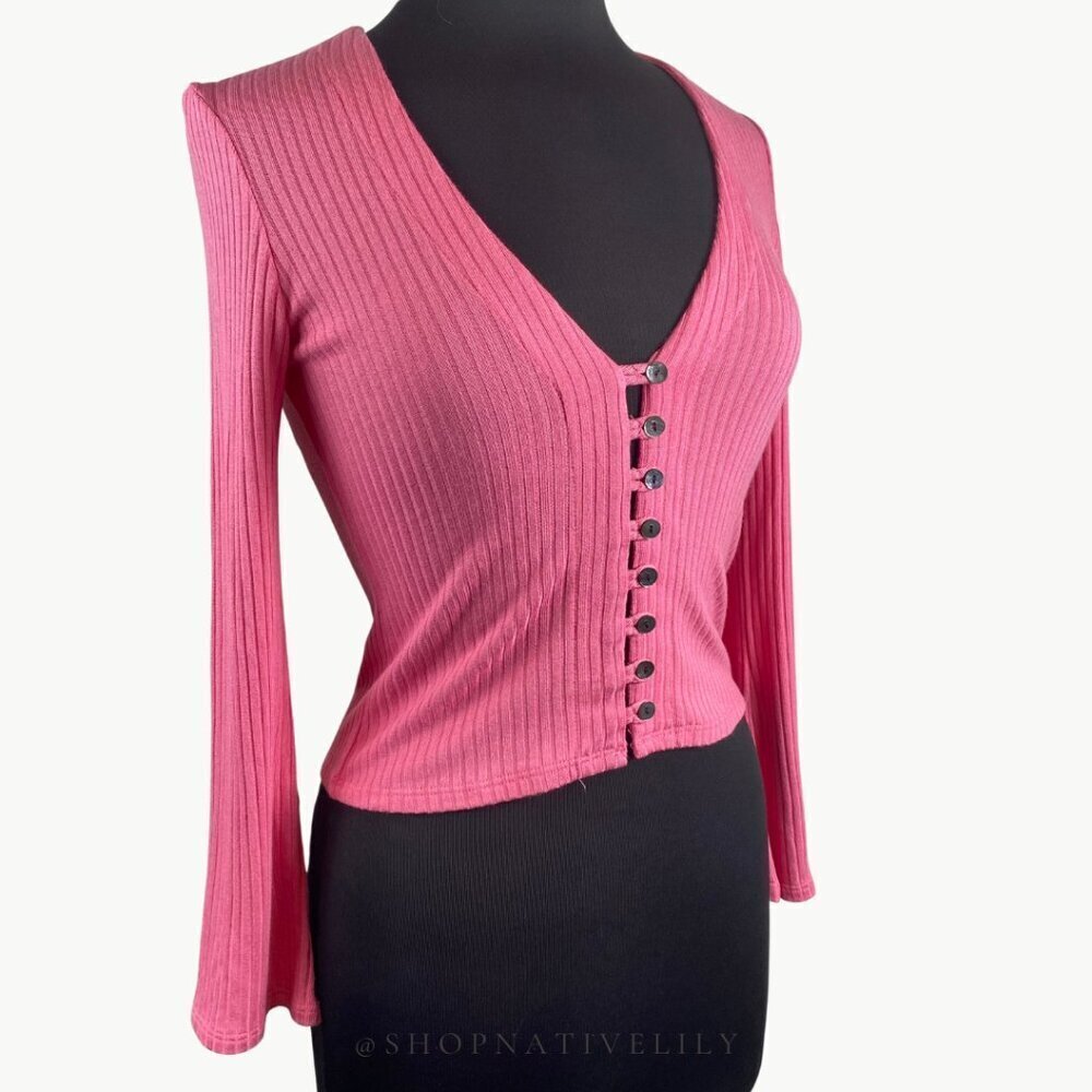 Reformation Pink Ribbed Button-Front Crop Top - Picture 4 of 12